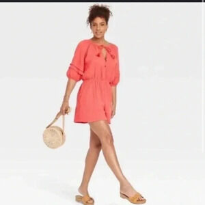 Knox Rose Peach Gauze Puff Sleeve Short Romper // Size XXL